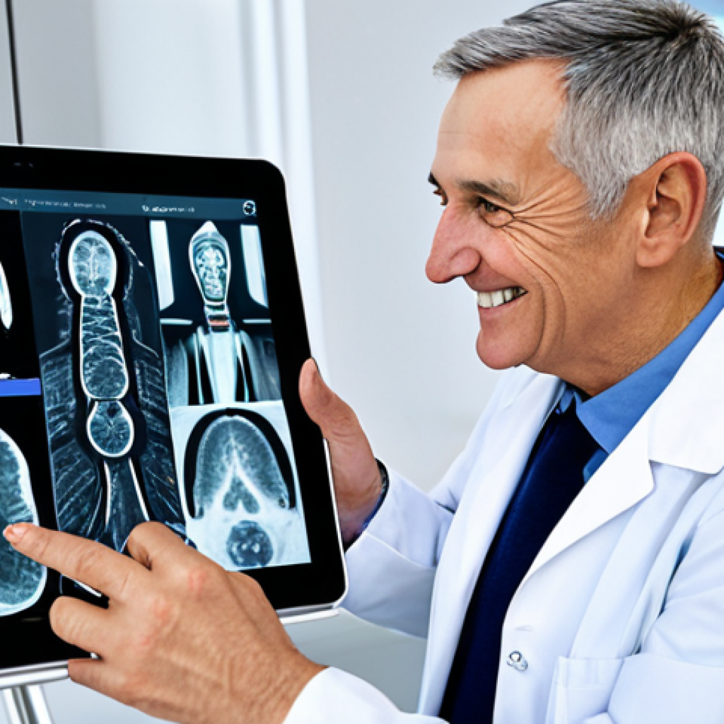AI in Healthcare**
"A friendly doctor using an AI-powered tablet to analyze medical images, smiling reassuringly at a senior patient. Modern, clean hospital environment. Focus on collaboration and care. Fully clothed, professional attire. Safe for work, appropriate content, professional photography, perfect anatomy, correct proportions, well-formed hands, proper finger count, natural body proportions, family-friendly."
**