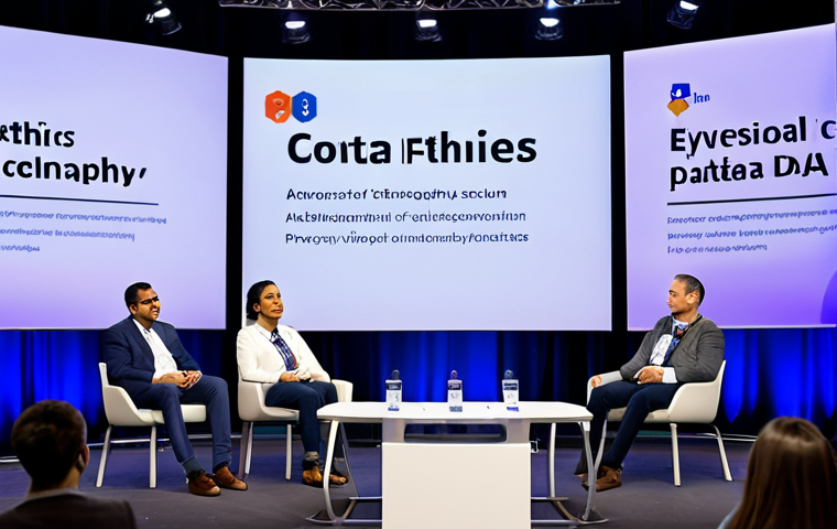 Data Ethics Discussion**
"A diverse group of professionals participating in a panel discussion about data ethics and AI. They are on a brightly lit stage in a modern conference hall. Everyone is fully clothed in professional attire, with name tags visible. The backdrop features a screen displaying a graphic related to data privacy. Safe for work, appropriate content, professional, perfect anatomy, correct proportions, natural pose, well-formed hands, proper finger count, high resolution, realistic rendering, family-friendly."
**